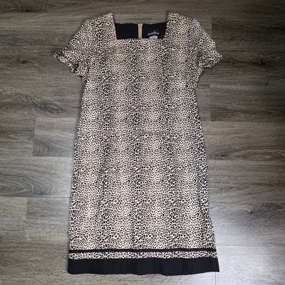 Positive Attitude Womens 14 Sheath Dress Tan Black Leopard Print Square Neck